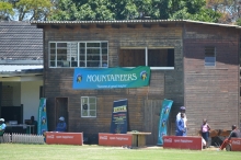 The scorers cabin with a big Mountaineers banner